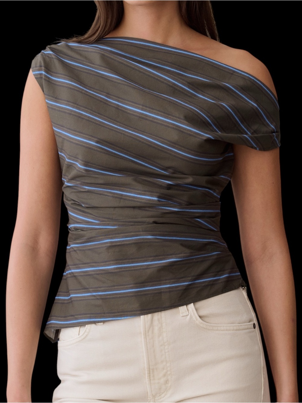 Few Moda o.p.t. Tashi Cotton Top Off-Shoulder Olive Stripe Blue NWT